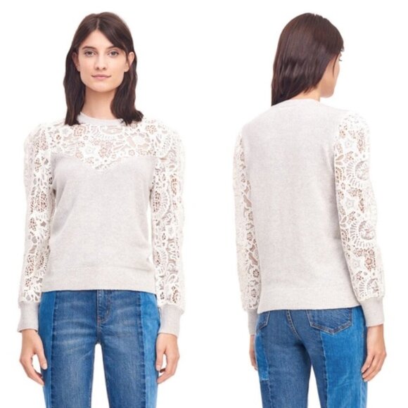 Rebecca Taylor Tops - Rebecca Taylor Illusion Scalloped Lace Gray Wool Boho Chic Sweater Size Small/XS